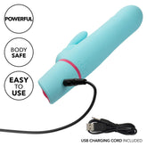 The CalExotics Love Bunny Beaded “G” Bunny is a blue dual-motor vibrator with USB charging cord included. Image text: “Powerful,” “Body Safe,” and “Easy to Use.”.